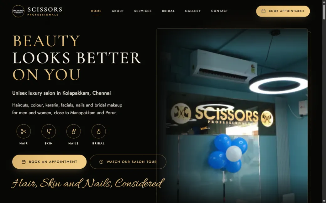 Scissors Professionals unisex salon website hero covering hair, skin, nail and bridal services