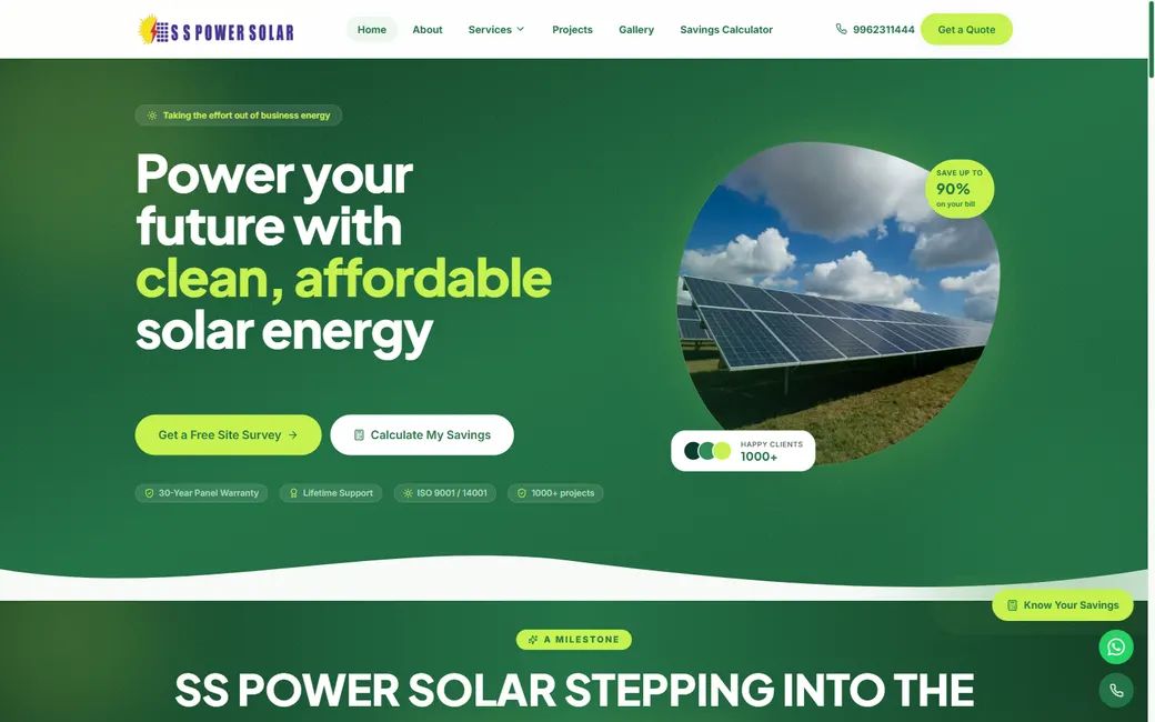 SS Power Solar rooftop solar installer website with a savings calculator