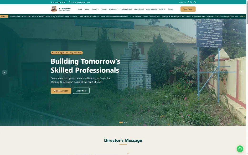 St. Joseph ITI homepage, built by Velonix