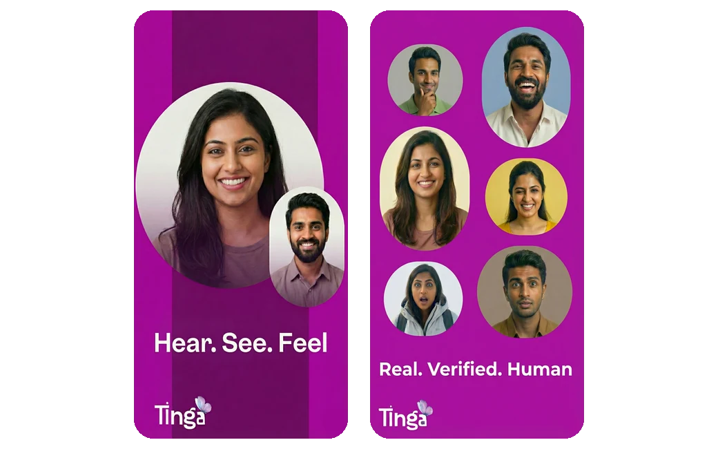 TingaTalk app screens showing live video and audio calling, built by Velonix