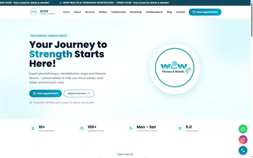 W2W Fitness & Rehab physiotherapy studio website with appointment booking